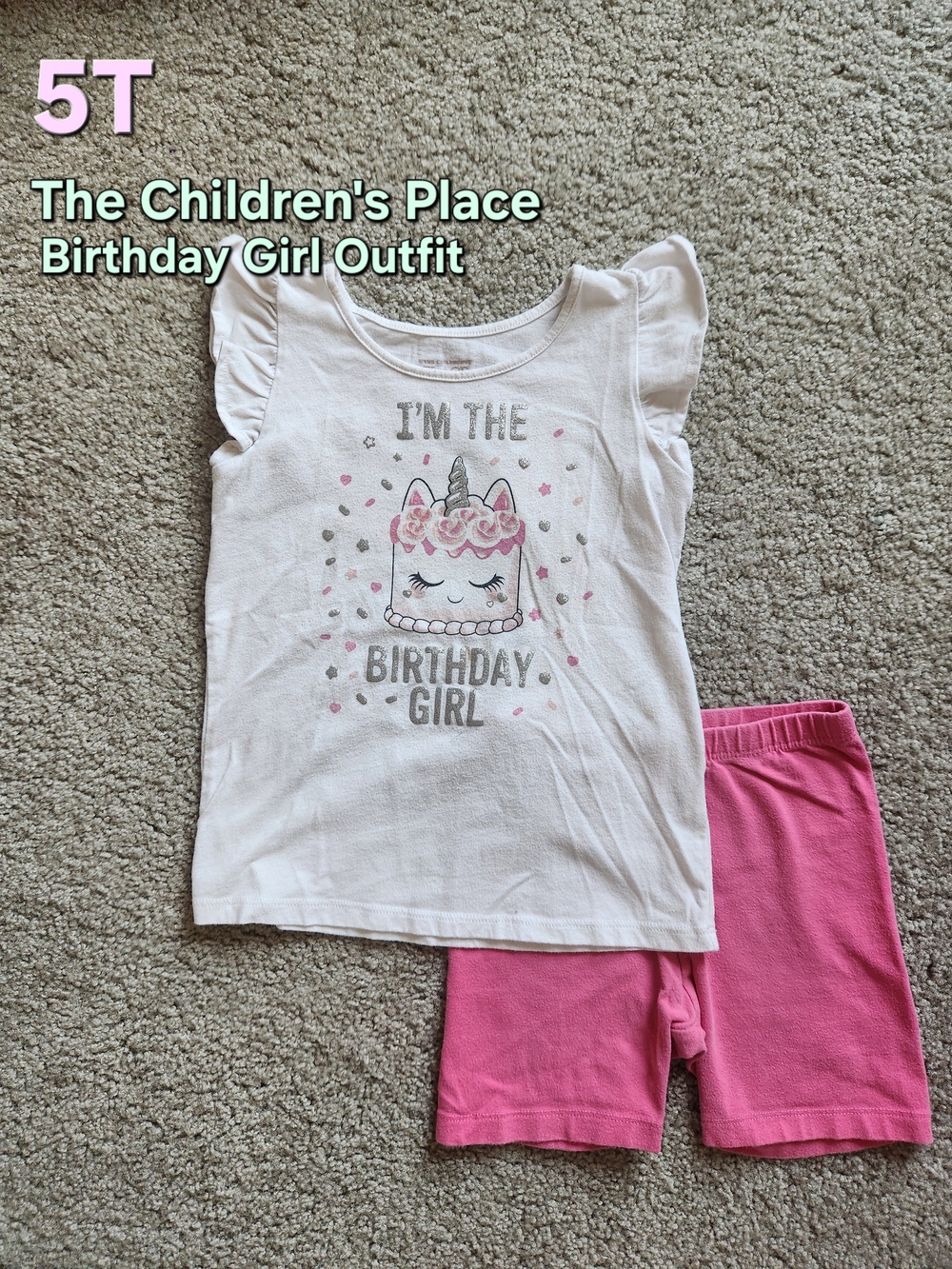 The Children's Place White Birthday Girl Unicorn Tee with Pink Shorts